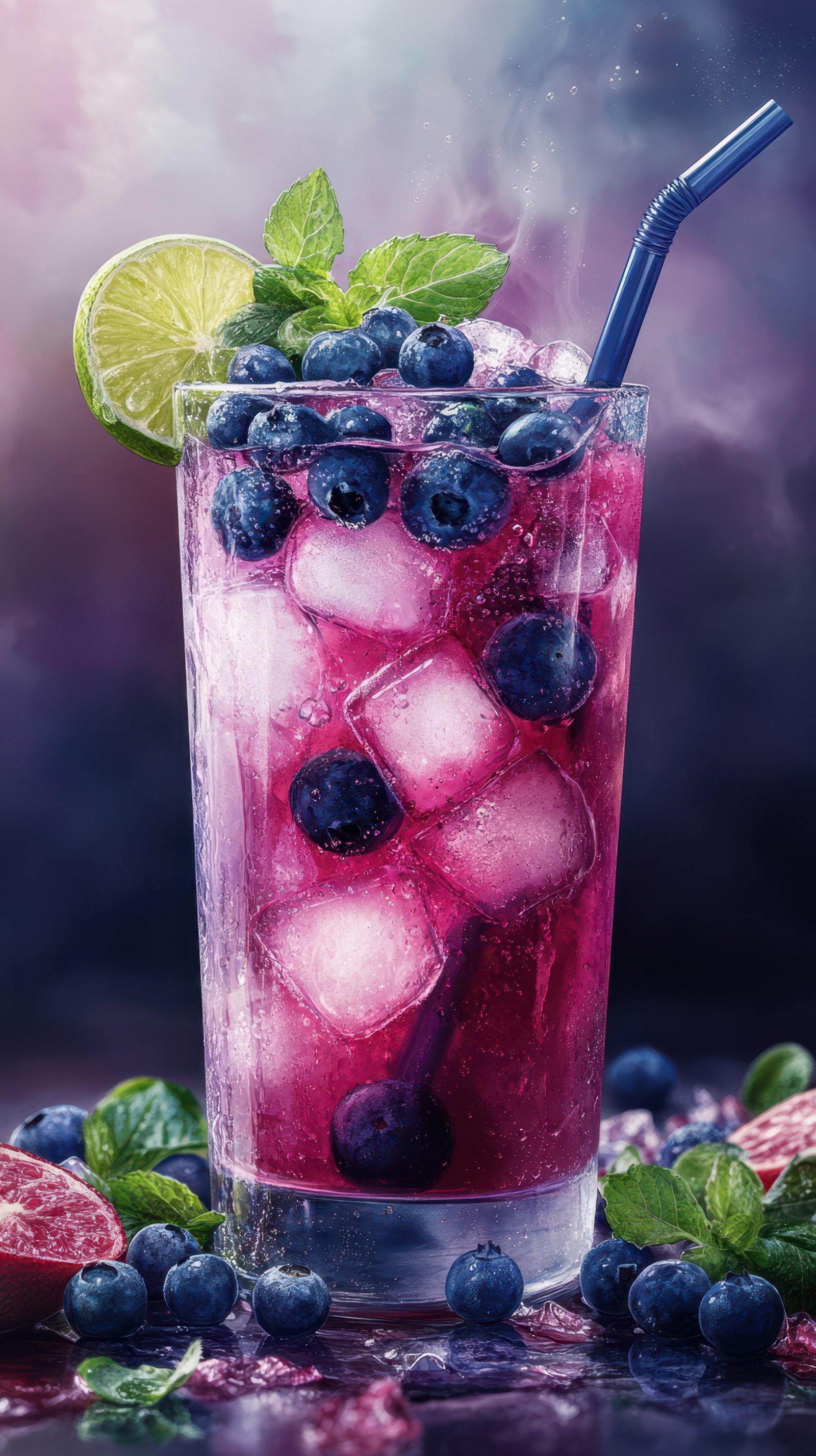 Refreshing berry drink with blueberries, lime, and mint served in a tall glass